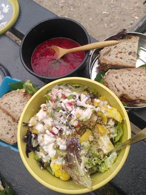 Delicious picknick! Borsch soup, no egg salad on sourdough and a tasty salad at Eveline Cooks in Wageningen