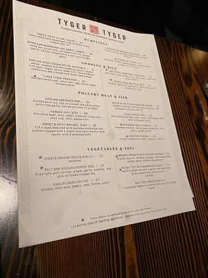 Dinner Menu at Tyger Tyger in Seattle