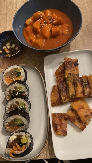 Kimbap, kimchijeon, and tteokbokki   at MukBap in London