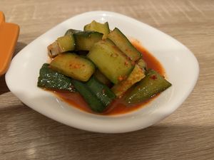 Cucumber kimchi  at MukBap in London