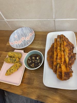 Kimchi pancake & seaweed rolls  at MukBap in London