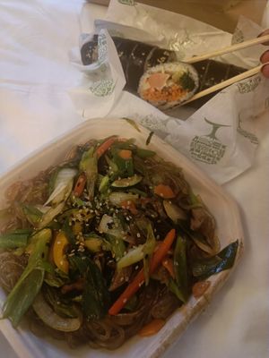 Sweet potato noodles and kimbap with vegan spam at MukBap in London