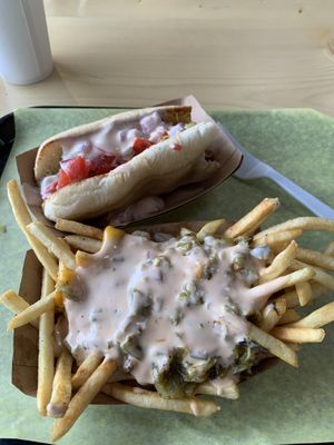 Lucky dog and NM loaded fries  at Lucky Goose  in Albuquerque