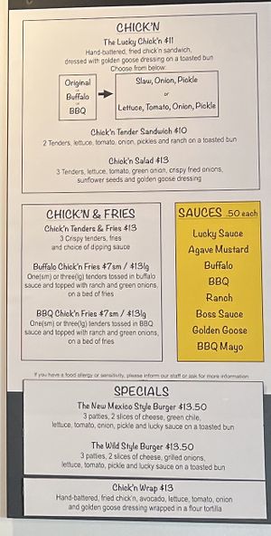 Chicken menu, sauces, and specials (sep 2023)  at Lucky Goose  in Albuquerque