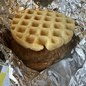 Waffle chicken sandwich with hash brownns  at Lucky Goose  in Albuquerque