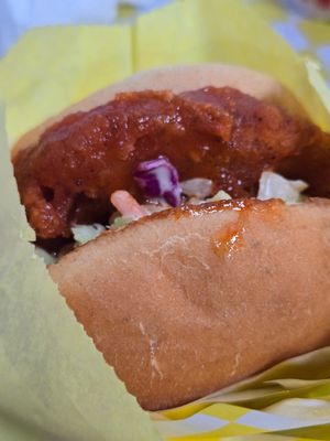 Spicy chick sandwich with coleslaw  at Lucky Goose  in Albuquerque