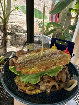 Sweet potato burger with plantain “bun"  at Mi Vida Café & Burger in Rio Grande