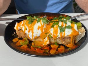 Spicy toast with avocado and fried eggs  at Hondo Cafe in Gran Canaria