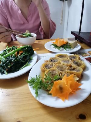 Vegan chicken, stir fried vegetable and vegan gio at An Phuc in Hanoi