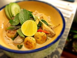 Delicate Green Curry Soup Noodles with Edamame and Green Herb Balls at Noodles Now in Koh Samui