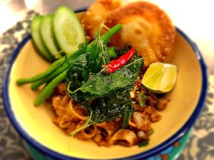 Spicy Pad Kra Pao Noodles with Crisp Curried Mung Bean Pockets at Noodles Now in Koh Samui