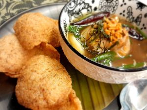 Tangy Cured Radish Soup with Puffed Veggie Crackers at Noodles Now in Koh Samui
