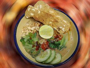 More More Moorish Peanut Satay Soup Noodles with Peanut Kaofu Wafers at Noodles Now in Koh Samui