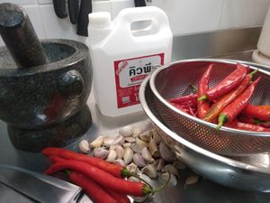 Getting Ready to make zappy Siracha sauce at Noodles Now in Koh Samui