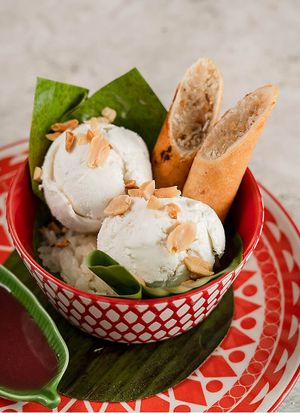 Coconut Ice cream with Peanut Banana Spring Roll at Noodles Now in Koh Samui