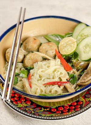 Green Curry Soup Noodles with Edamame & Green Herb Balls at Noodles Now in Koh Samui