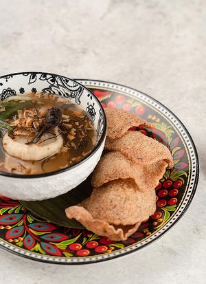 Cured Daikon Radish Soup with Puffed Veggie Crackers at Noodles Now in Koh Samui