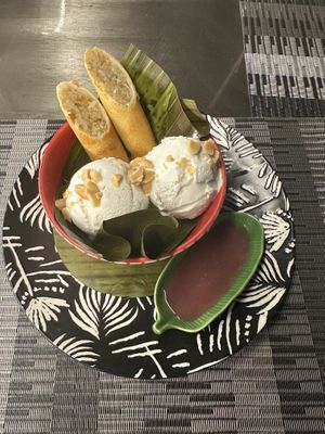 Coconut ice cream and fried banana   at Noodles Now in Koh Samui