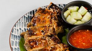 Tofu Skin Omelette with Mushroom filling and Cucumber Ajaad/Salad at Noodles Now in Koh Samui