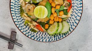 Green Curry Noodle Soup with Green Herb & Edamame Balls at Noodles Now in Koh Samui