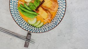 Massaman Curry Noodle Soup with Chick Pea Cutlet at Noodles Now in Koh Samui