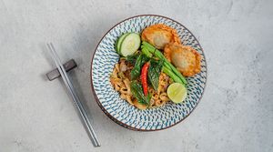 Pad Kra Pao Fried Noodles with Crisp Mung Bean Pockets at Noodles Now in Koh Samui