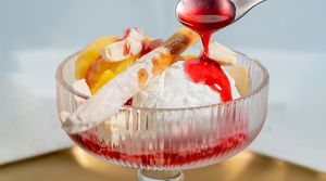Mano Sorbet and Coconut Icecream Sundae with Coconut Crisps and Pomegranate Chilli Sauce at Noodles Now in Koh Samui