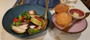 Salad and plantain brioche muffins at Kann in Portland