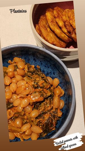 Boiled peanuts with collard greens. Side of plantains.  at Kann in Portland
