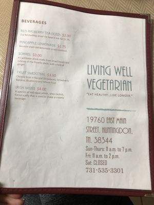 Menu at Living Well Vegetarian Restaurant in Huntingdon