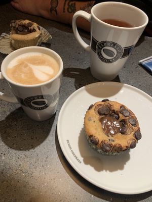 Half baked choco caramel muffin and oat milk flat white   at Espresso House - Drottninggatan in Stockholm