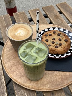 Cappuccino, matcha latte, vegan cookie  at Hana Corner Cafe in Tirana