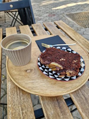Vegan banana bread and americano at Hana Corner Cafe in Tirana