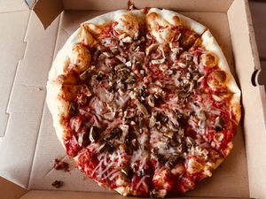 Pizza with vegan cheese (Daiya), fresh garlic and mushrooms. So yummy! at Marquis Pizza in Denver
