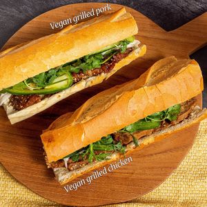 Vegan grilled pork & Vegan grilled chicken bánh mì sandwiches at Đông Hưng Viên Bakery in Westminster