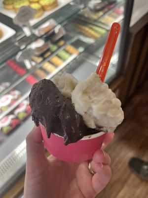 Vegan chocolate and vanilla gelato made with oat milkk  at Two Gentlemen of Verona in Denton