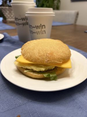 Breakfast sandwich, Hot chocolate (with marshmallows) and Matcha Latte  at To Live For in Vancouver