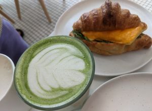 Matcha latte and filled breakfast croissant 👌 at To Live For in Vancouver