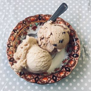 Salted caramel and peanut chocolate chip vegan ice cream at Borth Cafe - Uncle Albert's Ice Cream Emporium in Borth