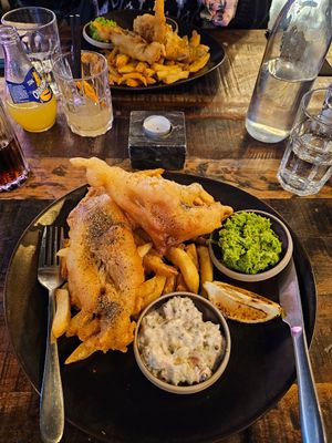 Vegan Fish and Chips, mushy peas with tartar sauce. at Ice  in Bury St Edmunds