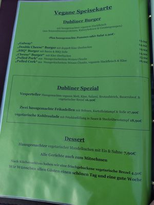 Vegane Speisekarte, Stand: 19.07.24 at Dubliner Irish Pub in Erfurt