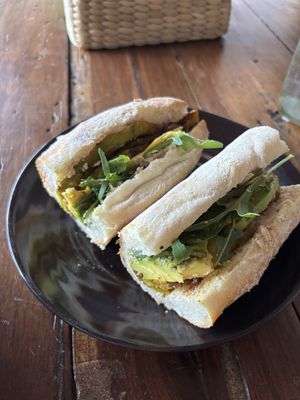 Vegan toastie (gluten-free bread sold out so they subbed a gluten-free baguette and discounted my meal). It was the best sandwich ever!  at The Muffin Man in Siem Reap