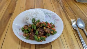 crispy pork + curry paste, soooo hit the spot at Sinart Veggie in Bangkok