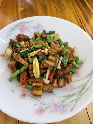 Pork stir fry basil   at Sinart Veggie in Bangkok