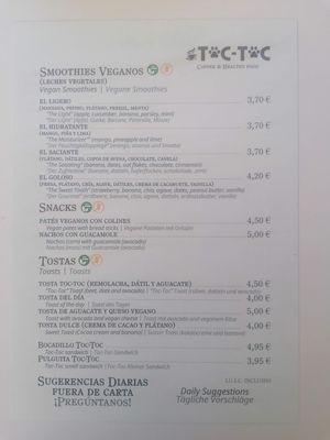 Menu at Toc Toc in Tenerife