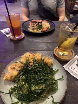 Front dish is vegetarian, the pasta in the back is vegan   at Kantin at the Granary in Kuching