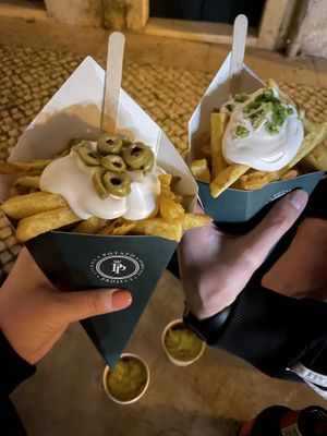 Fries with vegan mayo, size L with olives and size M with jalapeno  at Potato Project in Lisbon