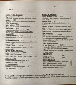 Menu at Moto Japanese Restaurant in South West London