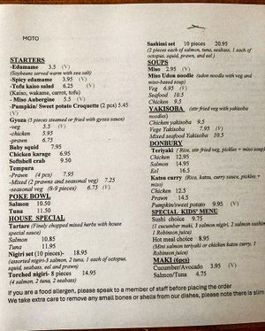 Menu at Moto Japanese Restaurant in South West London