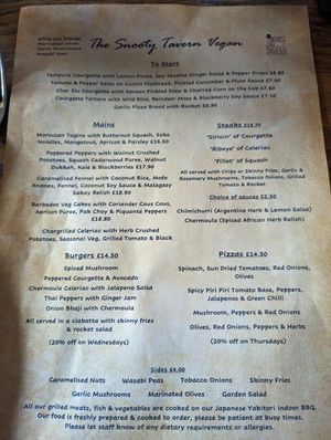 Vegan menu at The Snooty Tavern in St Neots